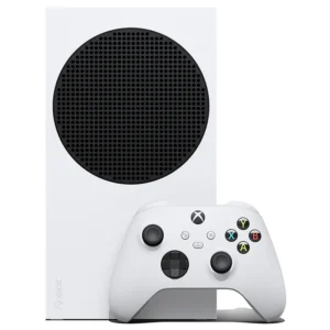 کنسول بازی مایکروسافت مدل Xbox Series S از همراه یک دسته ایکس باکس به صورت ایستاده از نمای روبه رو