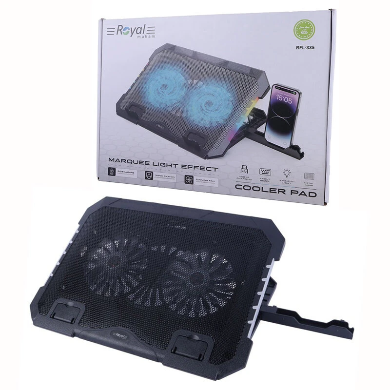 خنک کننده لپ تاپ مدل RFL-335 از برند انزو رویال (Royal) همراه با جعبه از نمای رو به رو